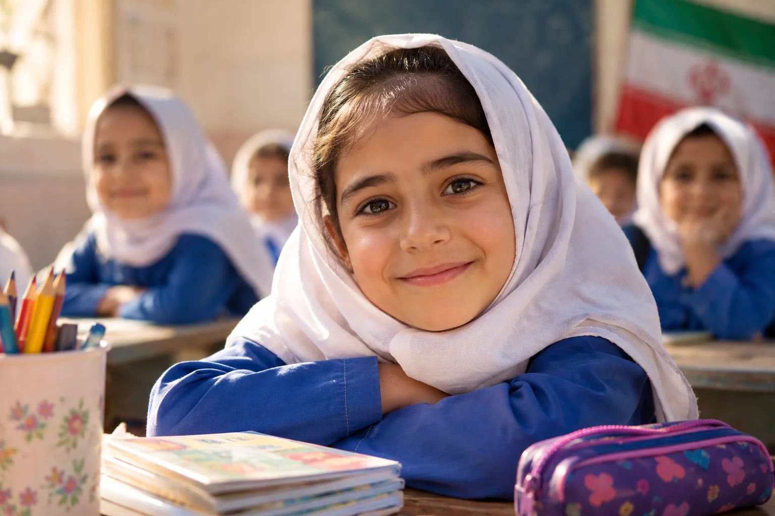 Smiling schoolgirls sitting at their desks in a classroom